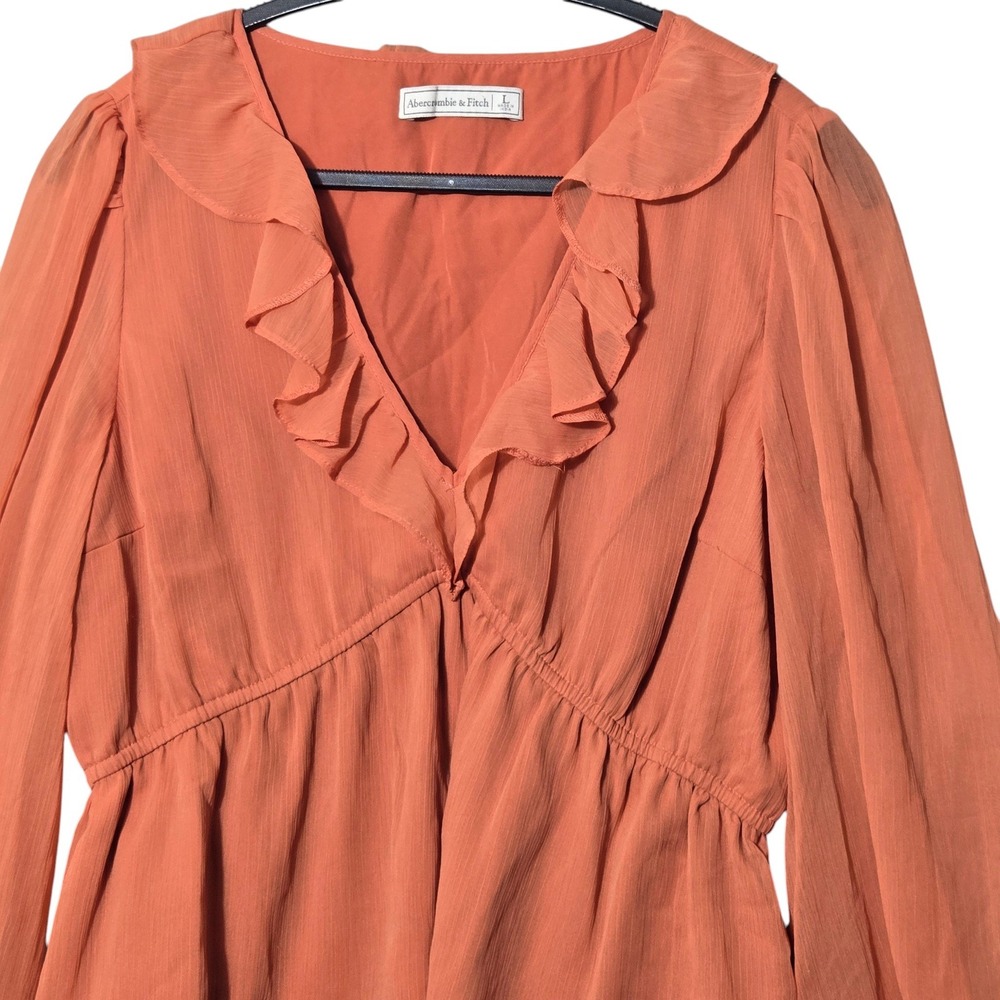 Abercrombie & Fitch Ruffle V-Neck Peplum Blouse Burnt Orange L Balloon Sleeve - Picture 2 of 8